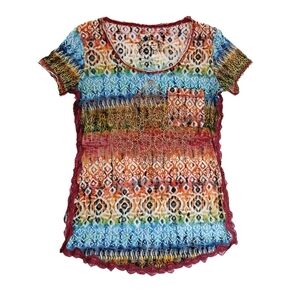 CRISTINA V Boho Beaded Lace Trim Top Multicolor M Red & Orange & Blue T-Shirt